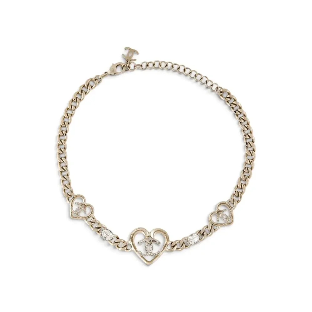 Chanel  Gold-tone Strass Interlocking CC Heart Choker Necklace